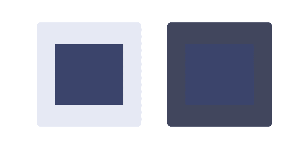 Framing-Effekt: Obwohl die beiden Quadrate in der Mitte dieselbe Farbe haben, erscheinen sie durch ihre Umrandung unterschiedlich.