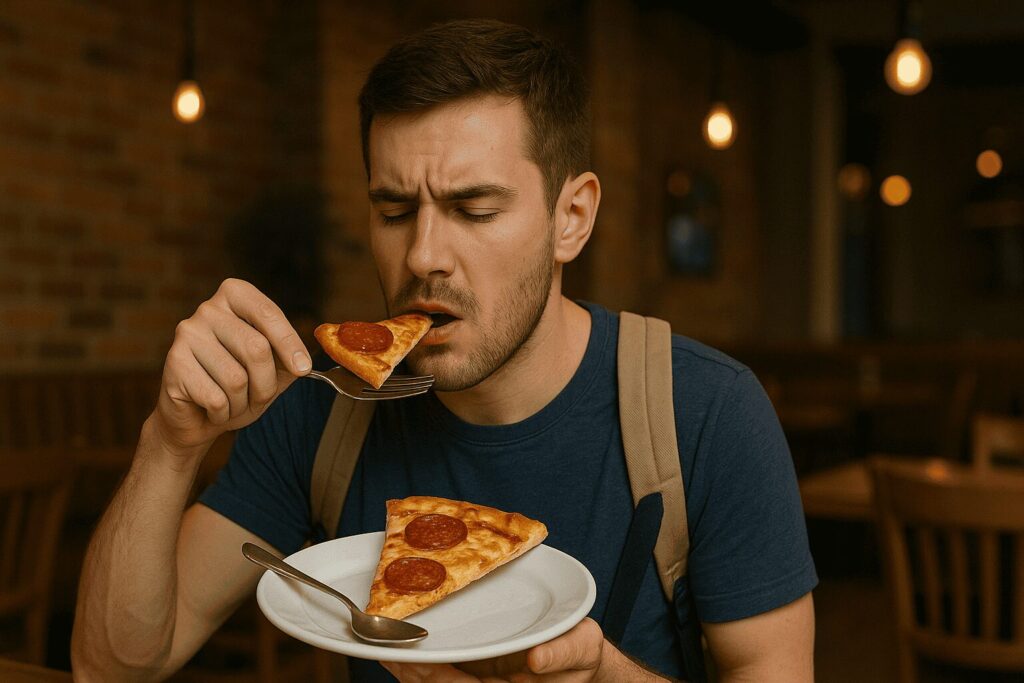 KI-generiertes Bild mit fliegender Pizza